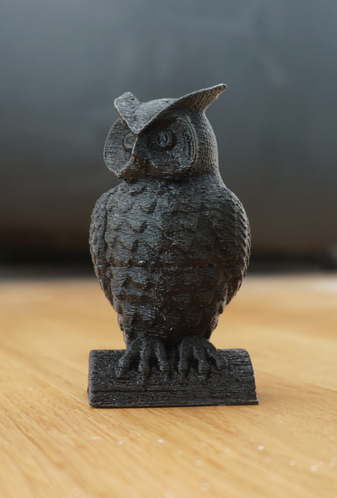 Owl, printed in PLA, ~5 cm tall.